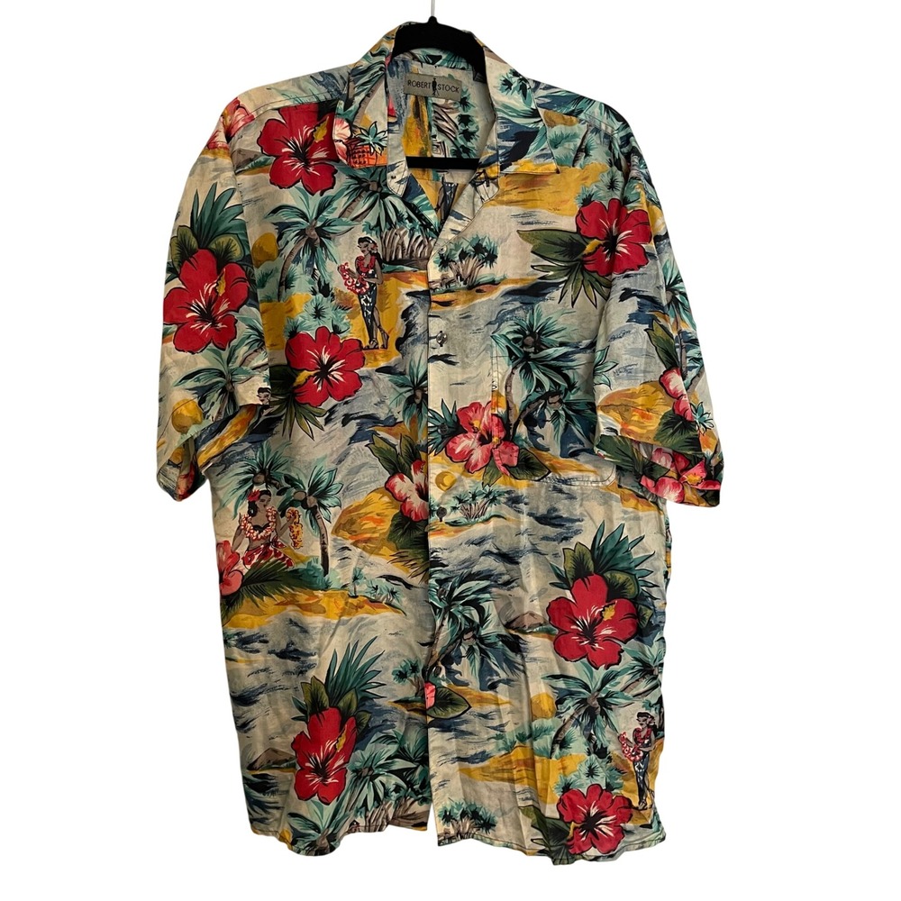 Robert Stock Mens Silk Tropical Hula Dancer Hibiscus Hawaiian Shirt Large